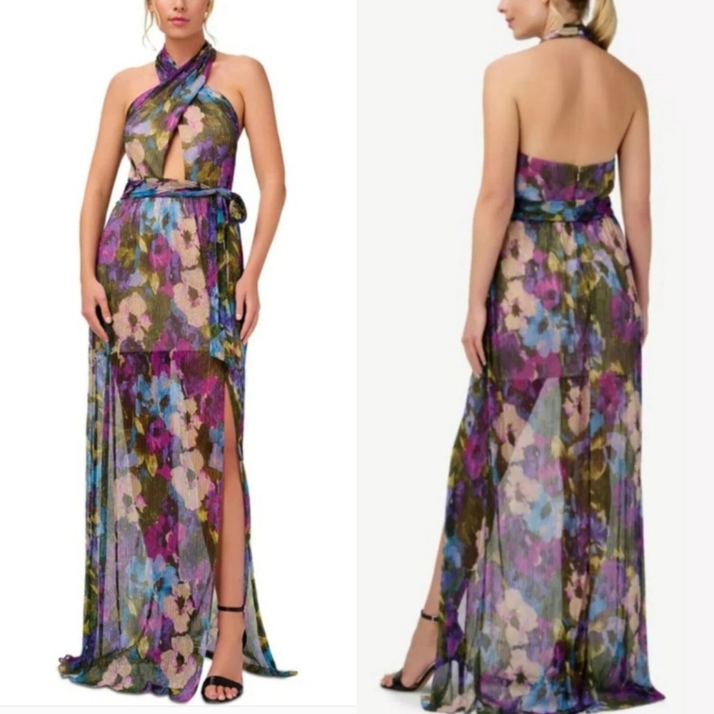 🔥Aidan Mattox Crinkle Mesh Floral Printed Halter Metallic Dress 
